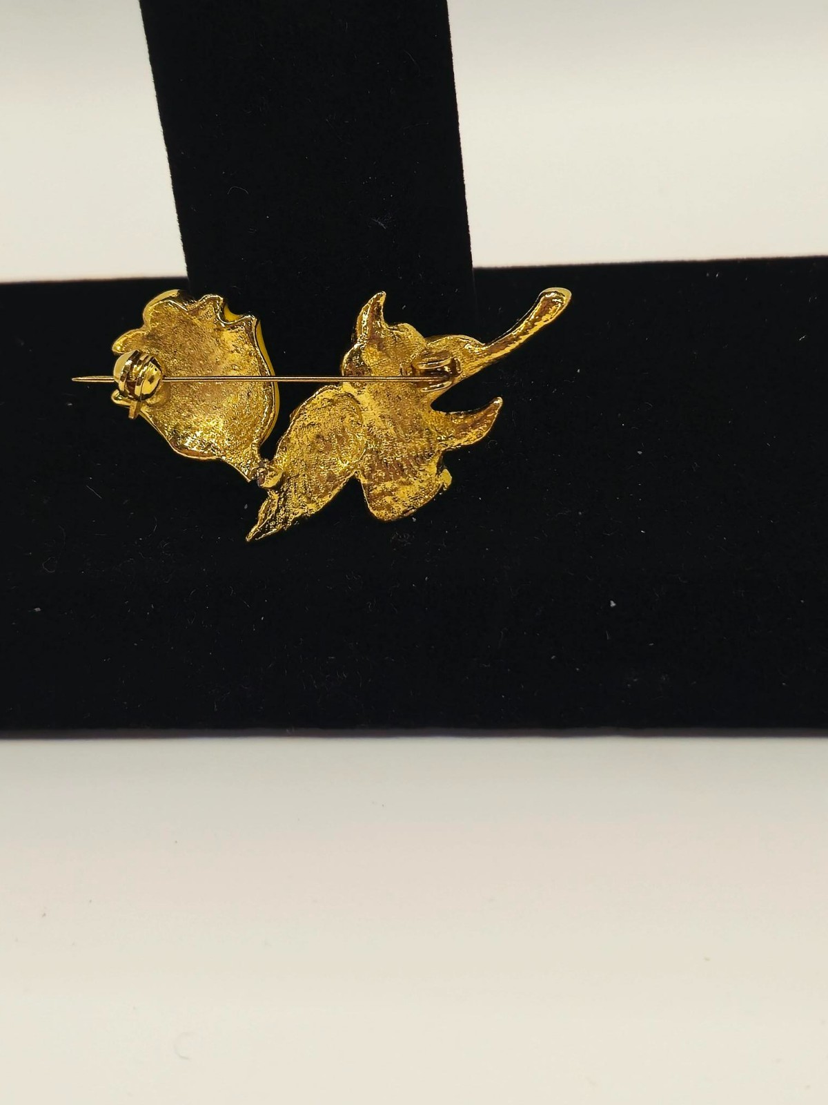 Vintage Gold Tone Yellow Rose Brooch Pin with Green Enamel Leaves