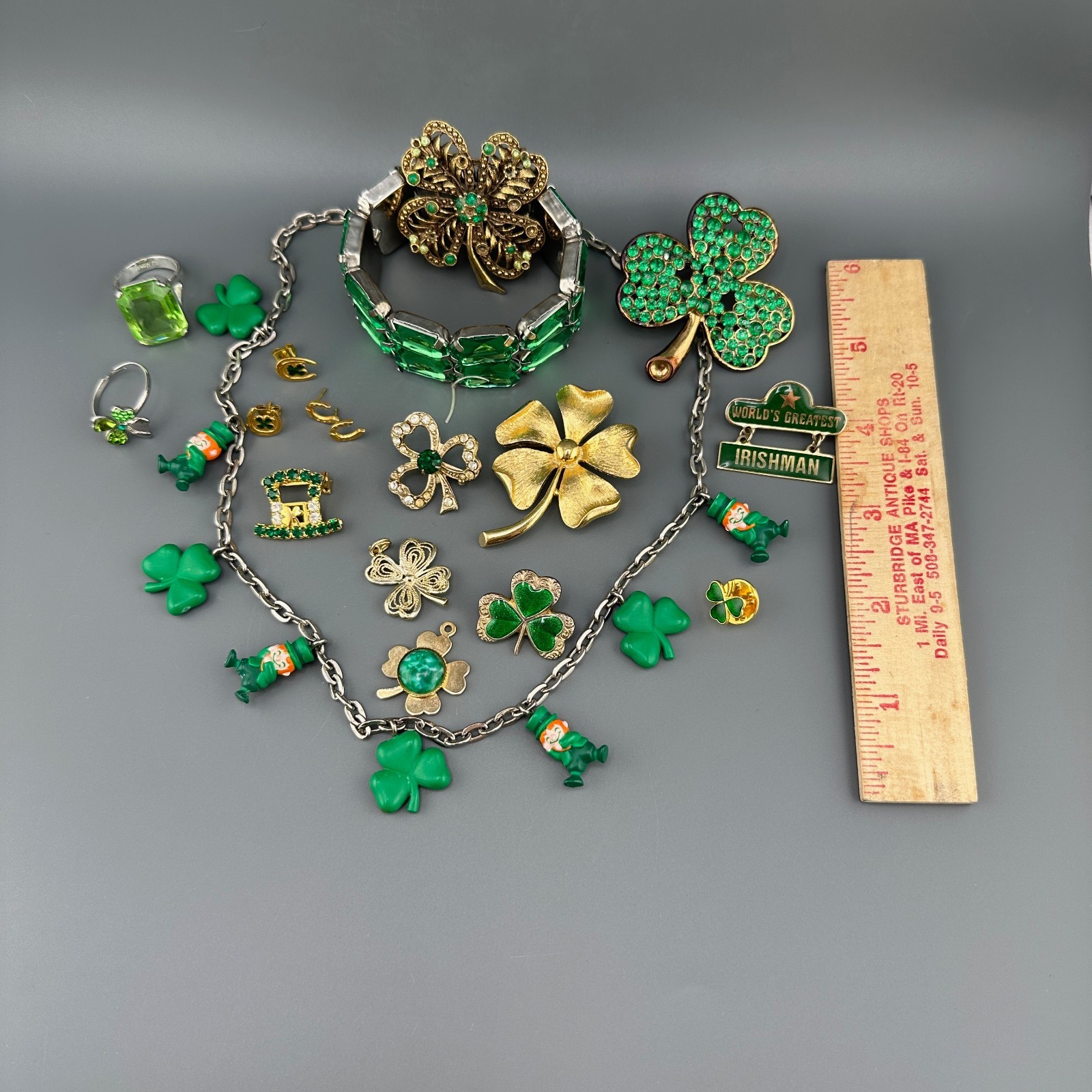Vintage St. Patricks Day Jewelry Lot Shamrock Brooches Leprechaun Necklace Rings