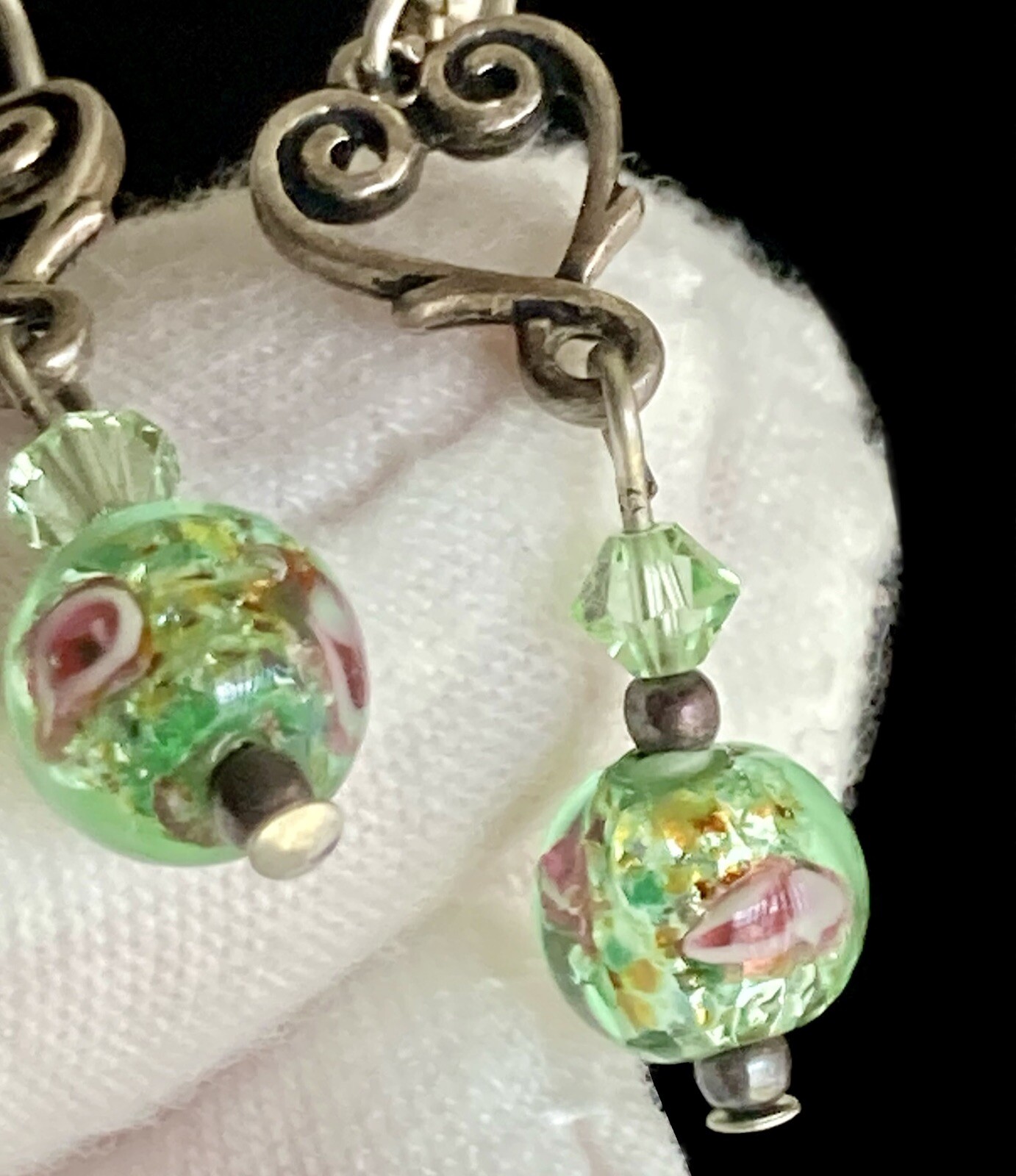 Sterling Silver Heart Round Glass Bead Earrings Dangle Drop Green Pink 1.75inch