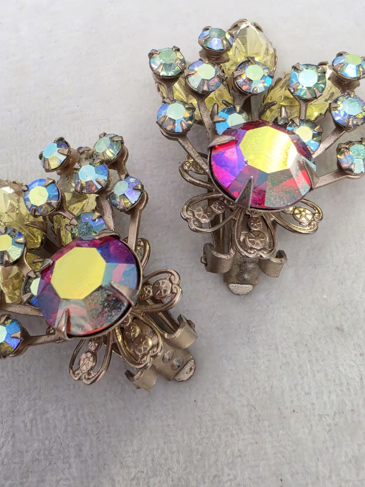 Vintage Multicolor AB Rhinestone Red Yellow Navette Floral Spray Clip Earrings