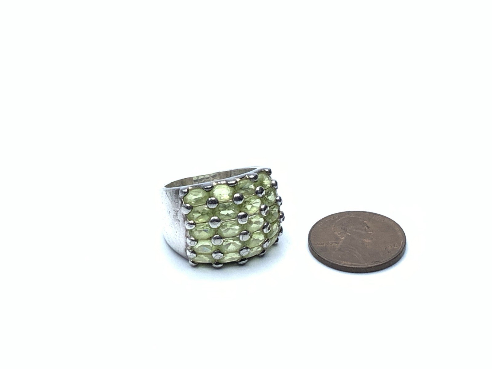 DBJ 925 Sterling Silver Rhodium Peridot 5 Row Wide Cigar Band Ring ~ Sz. 8