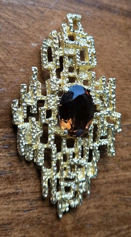 RARE PANETTA Brutalist Gold Brooch Pendant Smoky Quartz 1960s Beneditto Panetta
