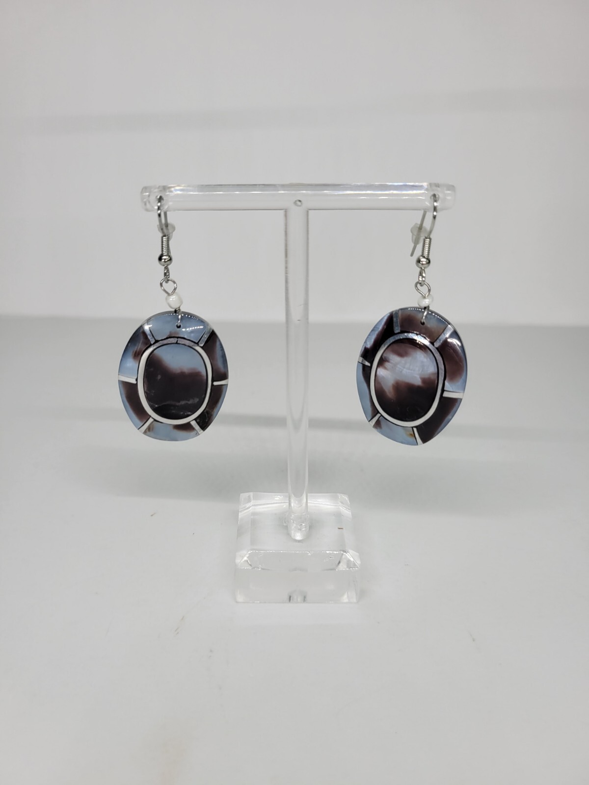Shell and Metal Mosaic Acrylic Inlay Lee Sands Style Dangle Pierced Earrings