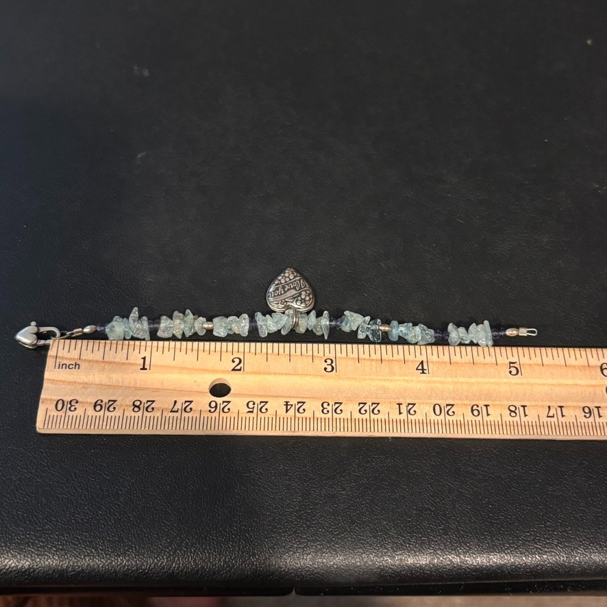 Small Girls Sterling Siver Signed “I Love you” charm aqua stone heart bracelet