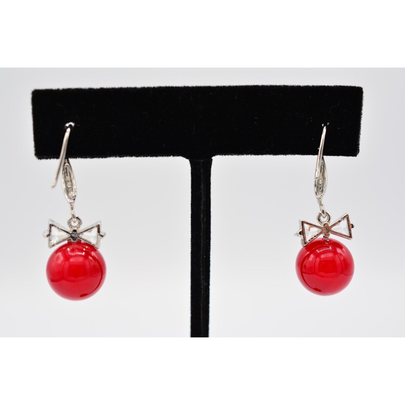 Vintage Dangle Earrings Crystal Bezel Bow Red Ball Drop Round 1990s BinAO