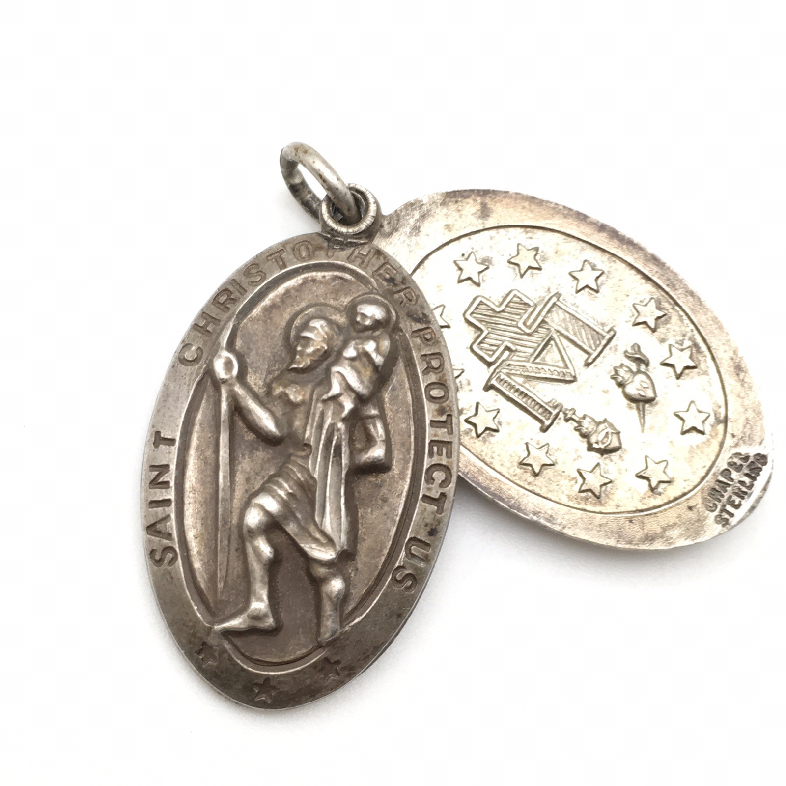 13.3g Vintage Sterling Silver CHAPEL Mary & St Christopher Religious Medal #90