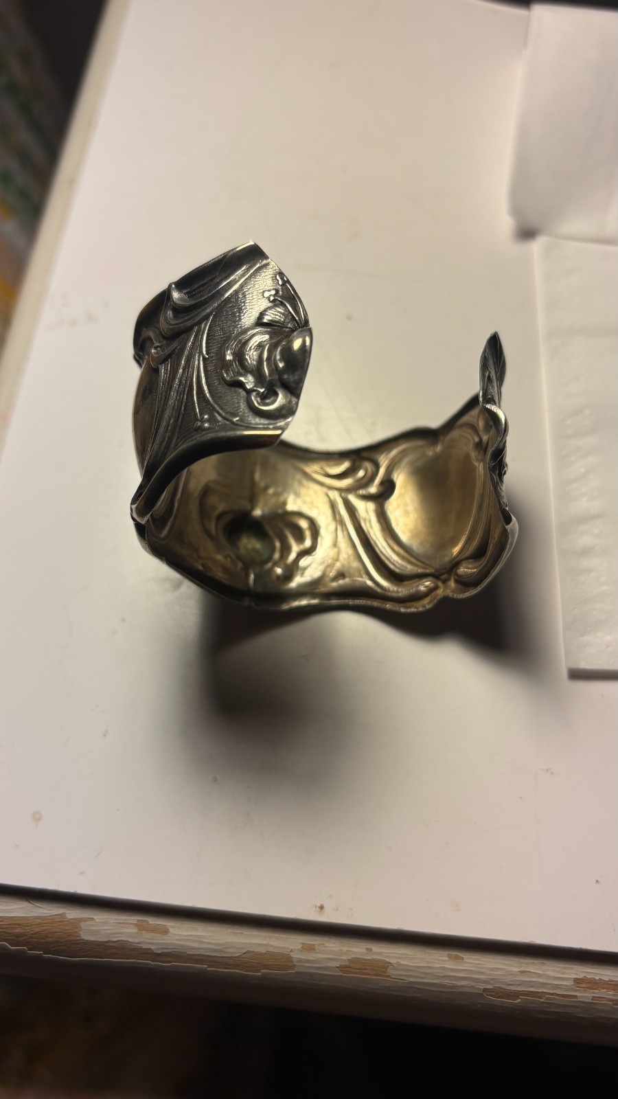 ANTIQUE FRANK WHITING, ART NOUVEAU AMELIA STERLING CUFF BRACELET EX NAPKIN RING