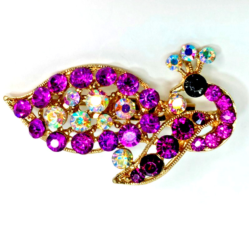 Vintage Peacock Bird Fuchsia Red Burgundy Rhinestones C-Catch Clasp Brooch USA