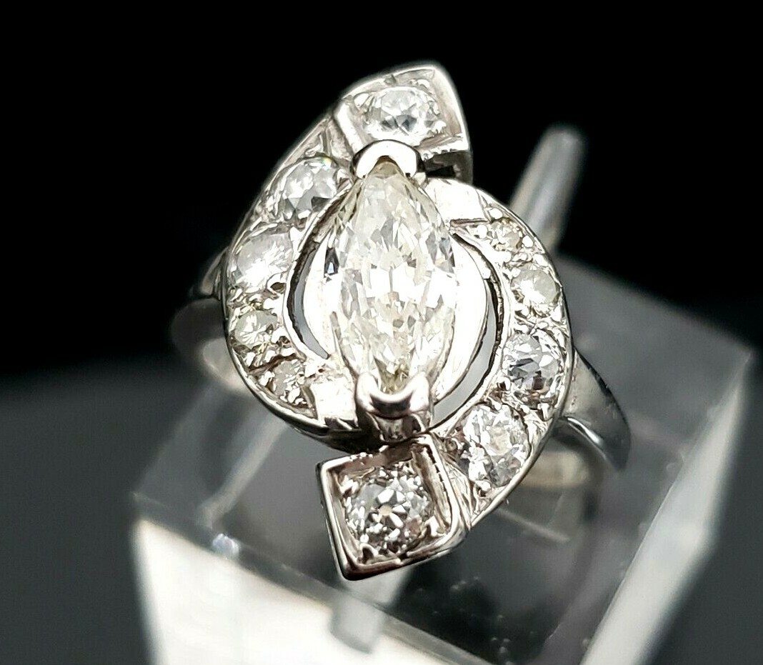 Antique 14 Karat White Gold 1.00 CTW Marquise Diamond Engagement Ring. #VR67