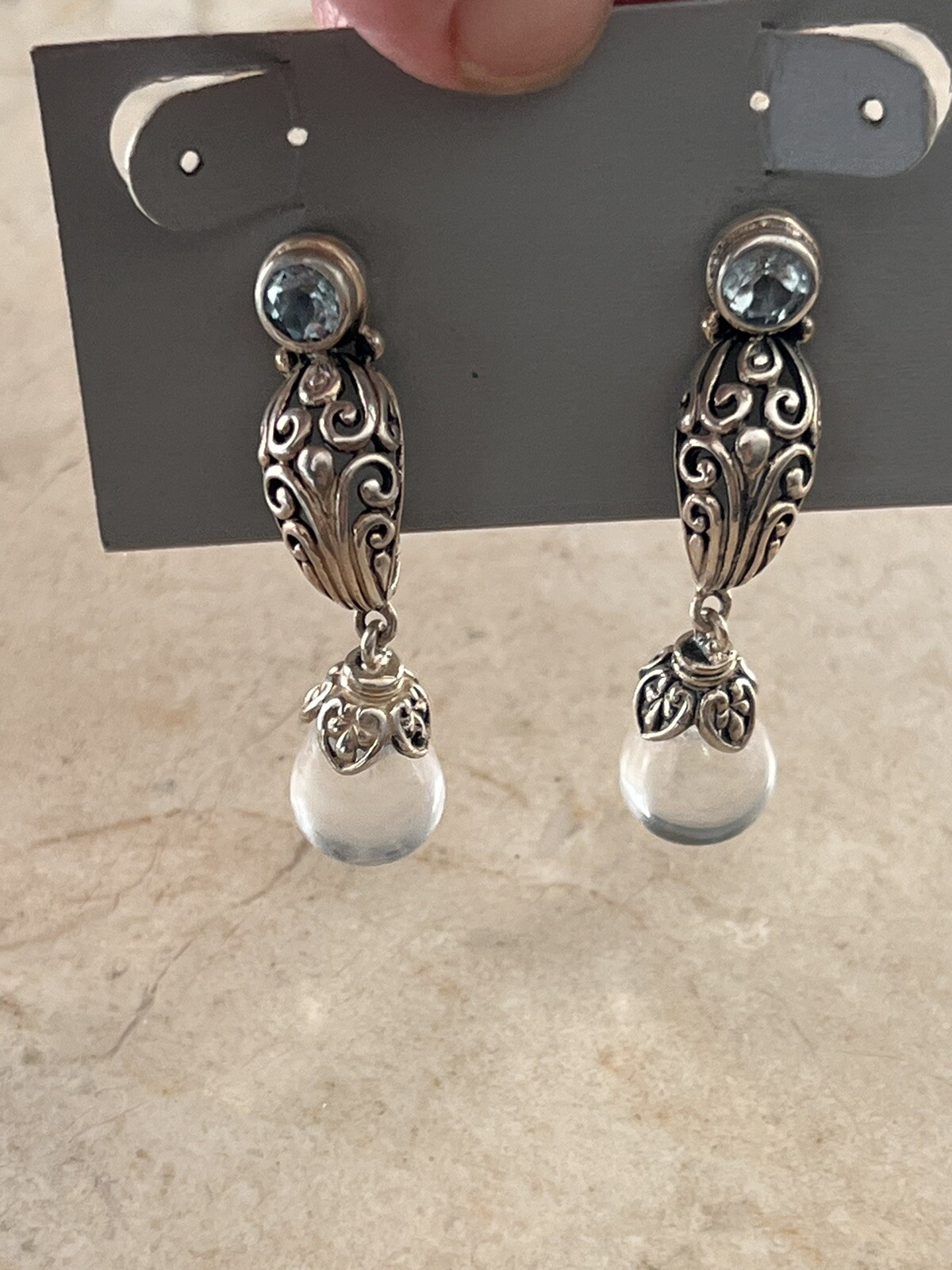 Beautiful NF Sterling 925 Blue Topaz & Quartz Drop Dangle Ornate Earrings