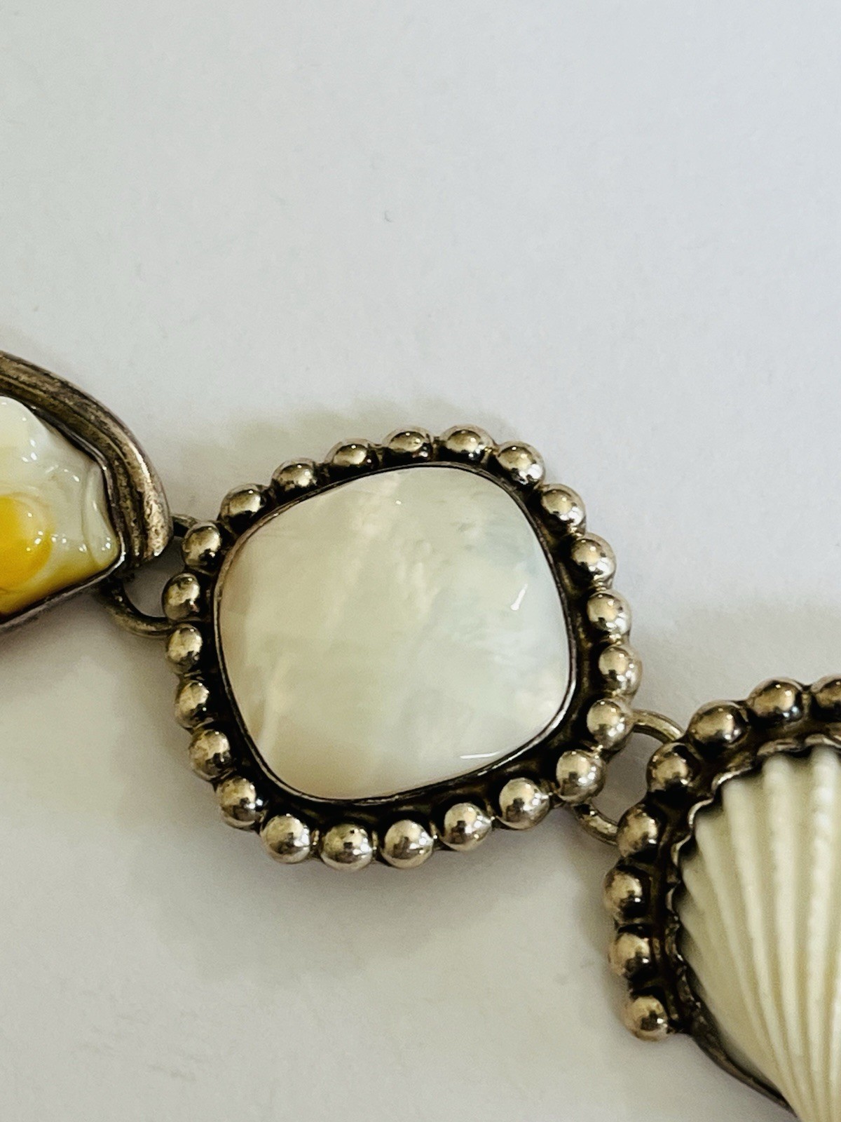 Vintage Sterling Silver AMY KAHN RUSSELL Mother Of Pearl Carved Fish Bracelet
