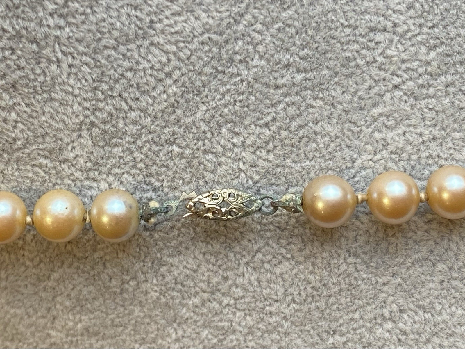 Antique 24” Hand Knotted Heavy Champagne Color Pearl Necklace Fish Hook Clasp