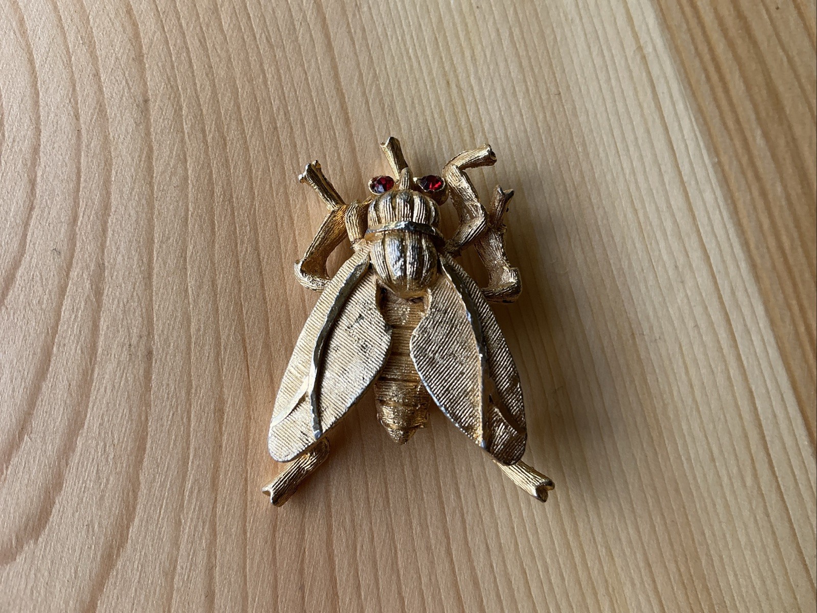 Vintage Fly Brooch Pin with Red Rhinestone Eyes Textured Gold Tone Medium Chunky