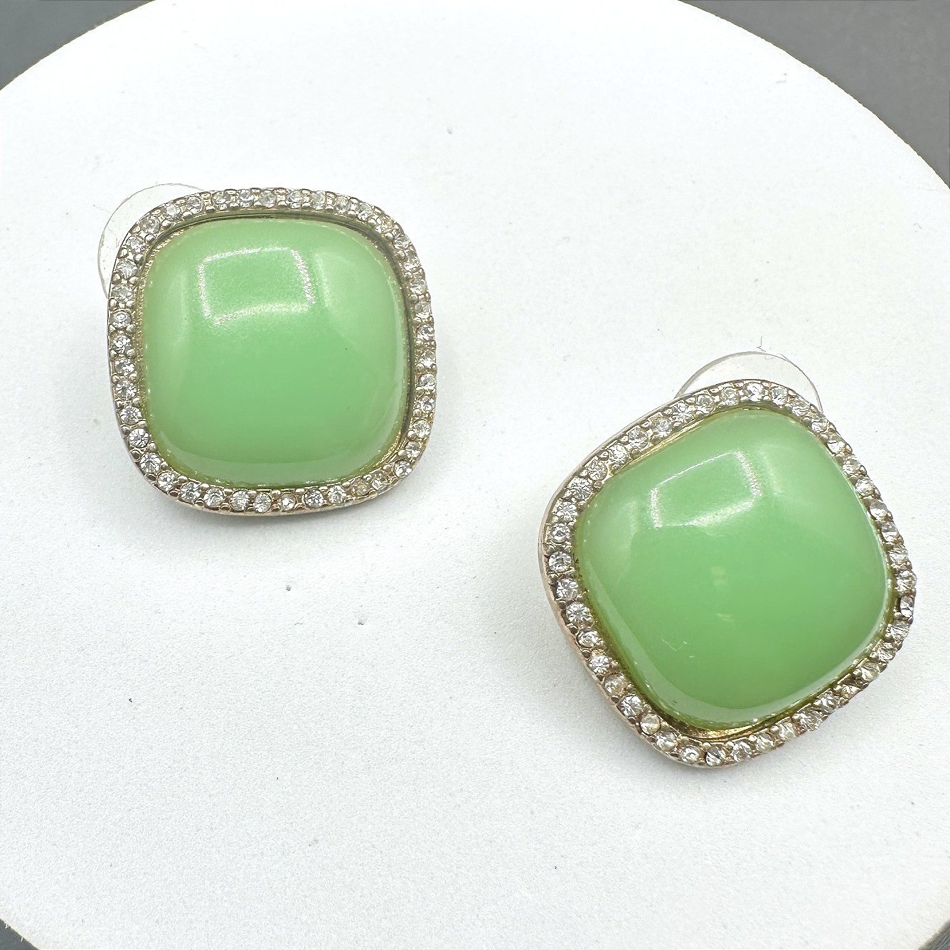Mint Green Cushion-Cut Earrings w/ Rhinestone Halo Vintage Glam