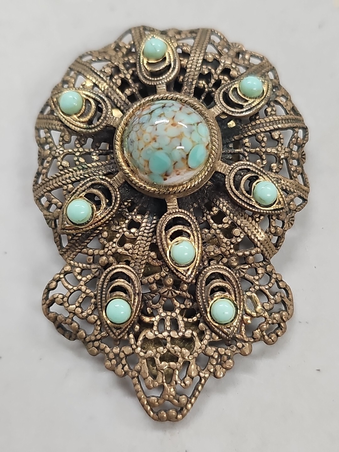 Vintage Metal Filigree Faux Turquoise Fur Clip