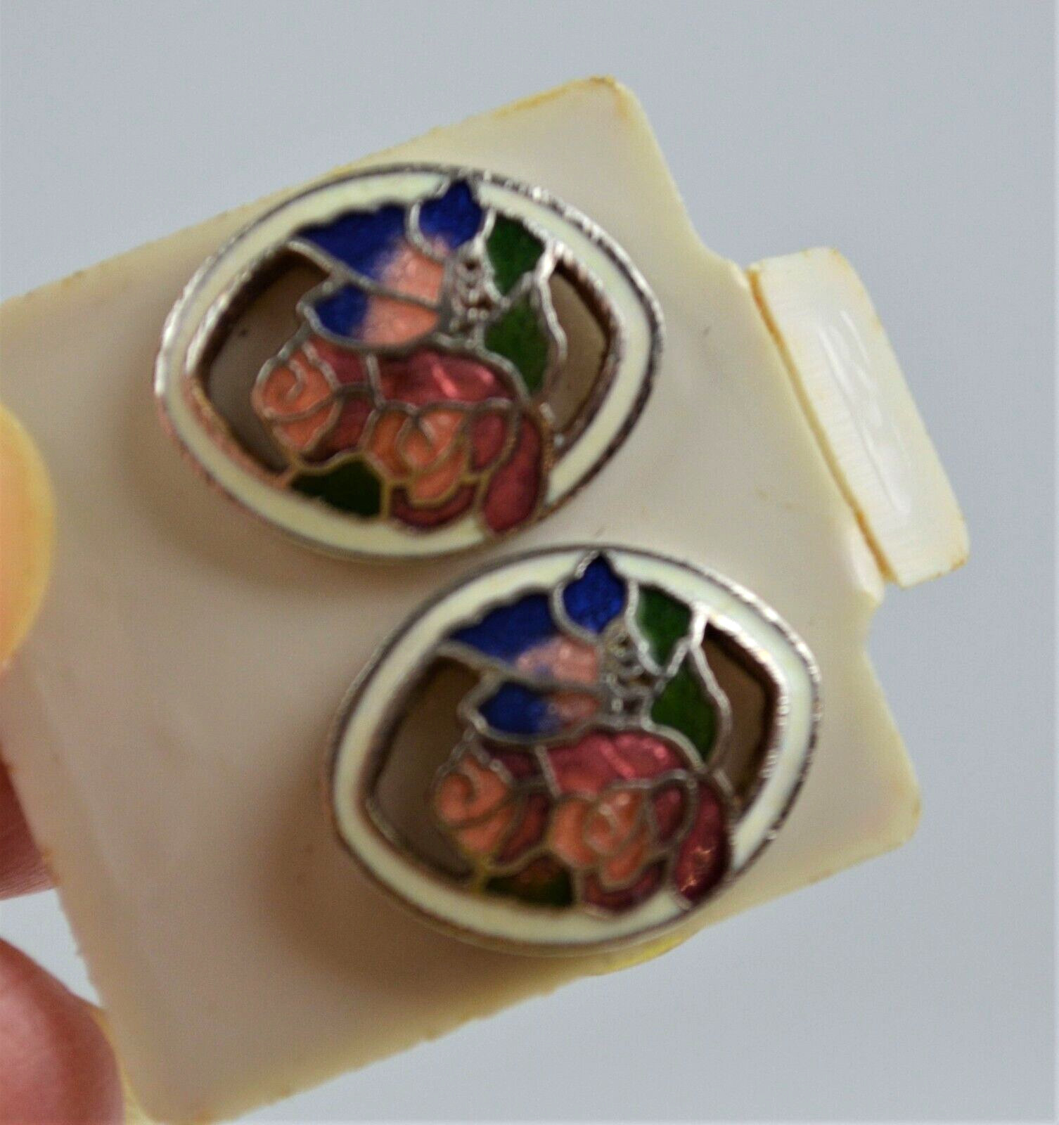 New Vtg Enamel Coated Pierce Post Earrings Pink Flower & Blue Butterfly 1/2 inch