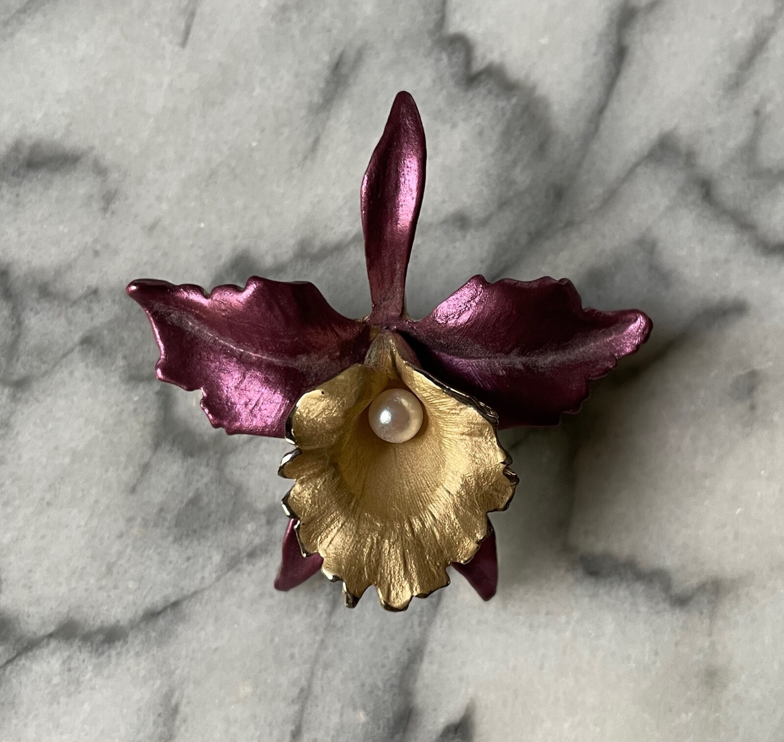 Orchid Brooch Purple and Gold Tone With Pearl EUC