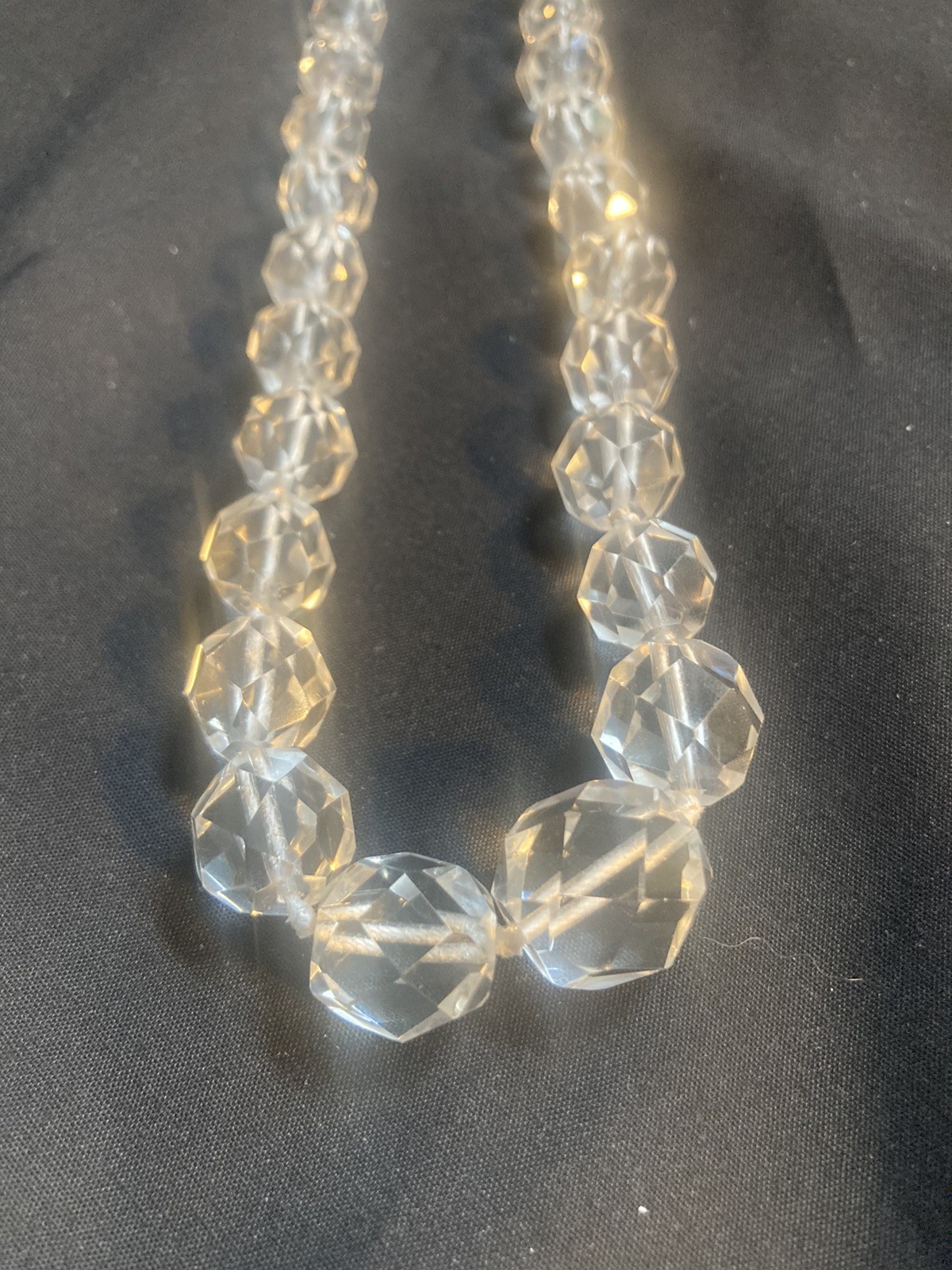 18″ Clear Faceted Graduated Crystal Necklace Sterling Clasp Knotted