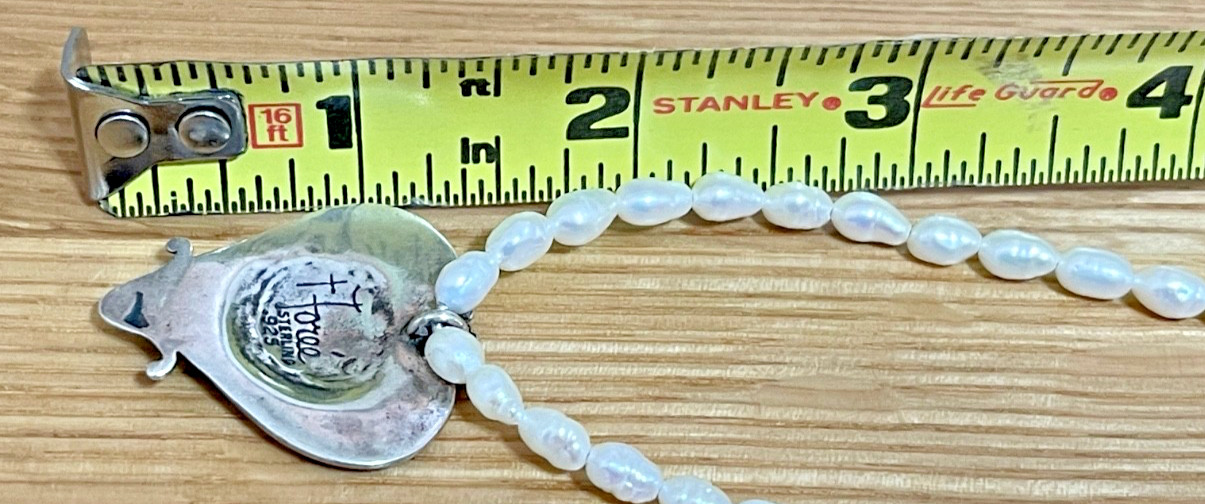 Rare T FOREE Sterling Heart Pendant & “Fish Hook” Clasp Pearl Necklace