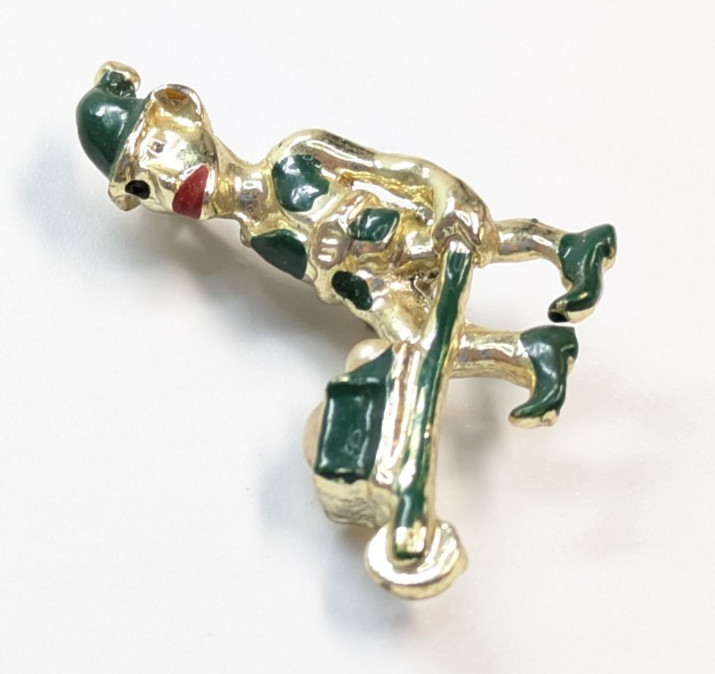 Vintage Gold Tone Leprechaun Elf Wheelbarrow Faux Pearls Green Enamel Pin 1.25″