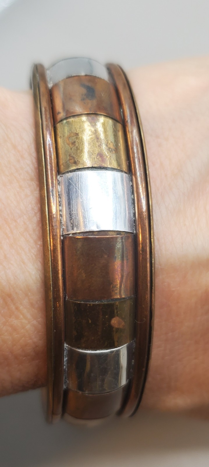 3 Vtg Tri-metal Brass Copper Bangles: Basket Weave, Braided, Rectangle Design