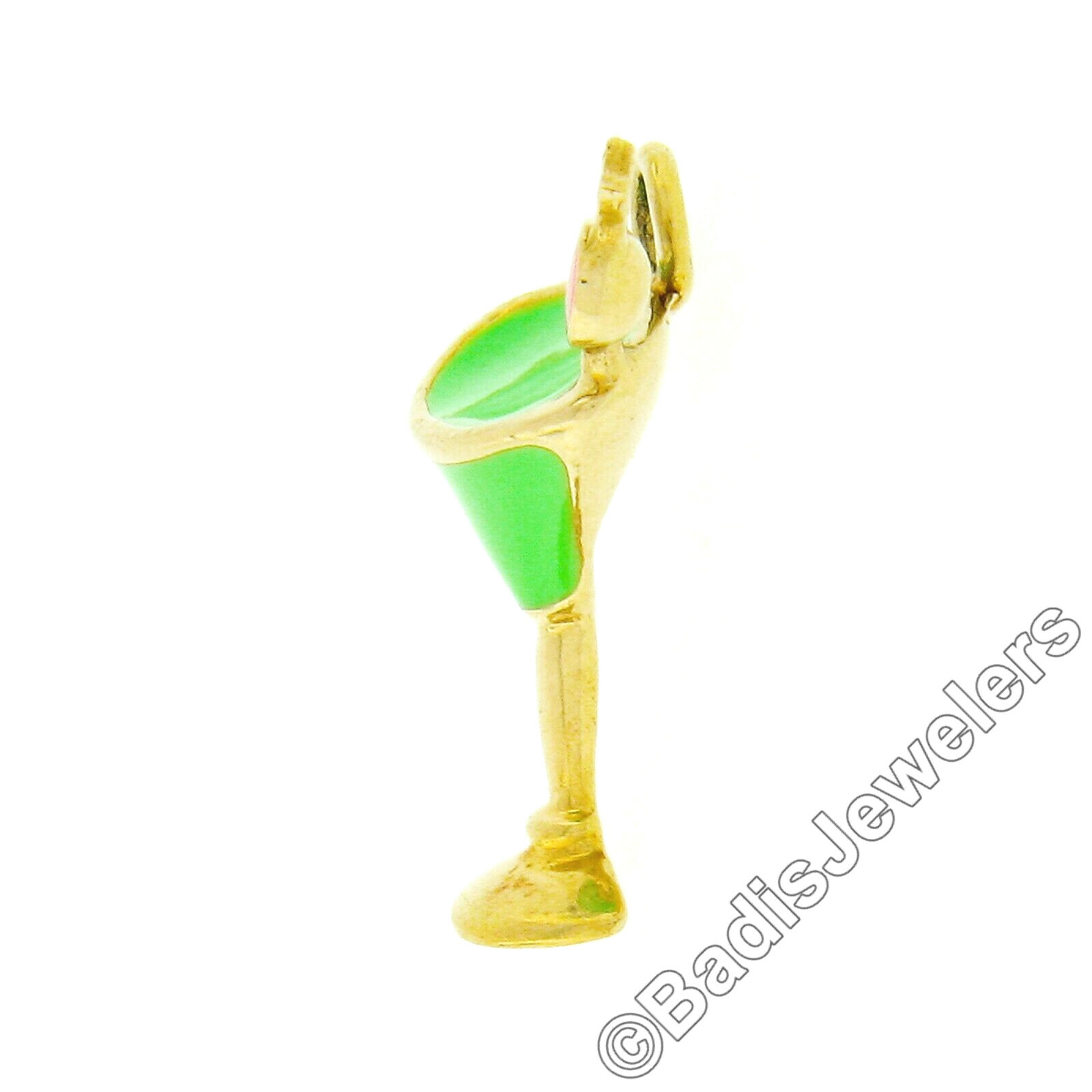 Vintage 14K Yellow Gold Green & Red Enamel Petite Martini Glass Charm Pendant