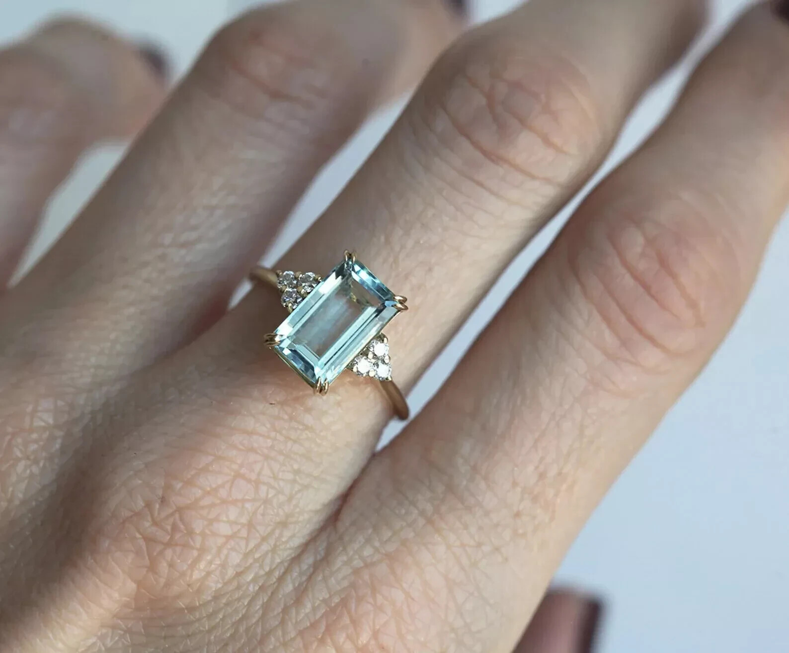 2.00Ct Emerald Cut Aquamarine Lab Created Diamond 14K Gold FN Anniversary Ring
