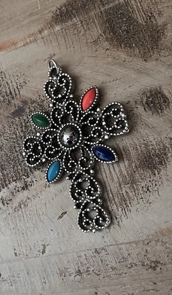 Vintage Avon Romanesque Cross 3” Pendant 1970s Silver Filigree Multicolor Stone