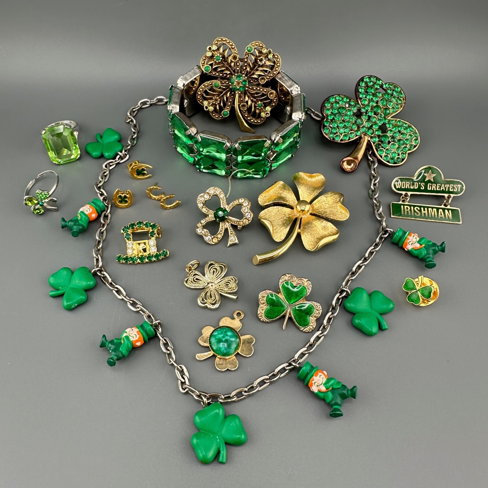Vintage St. Patricks Day Jewelry Lot Shamrock Brooches Leprechaun Necklace Rings