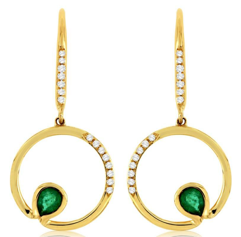 0.38CT DIAMOND & AAA EMERALD 14K YELLOW GOLD 3D CIRCLE OF LIFE HANGING EARRINGS