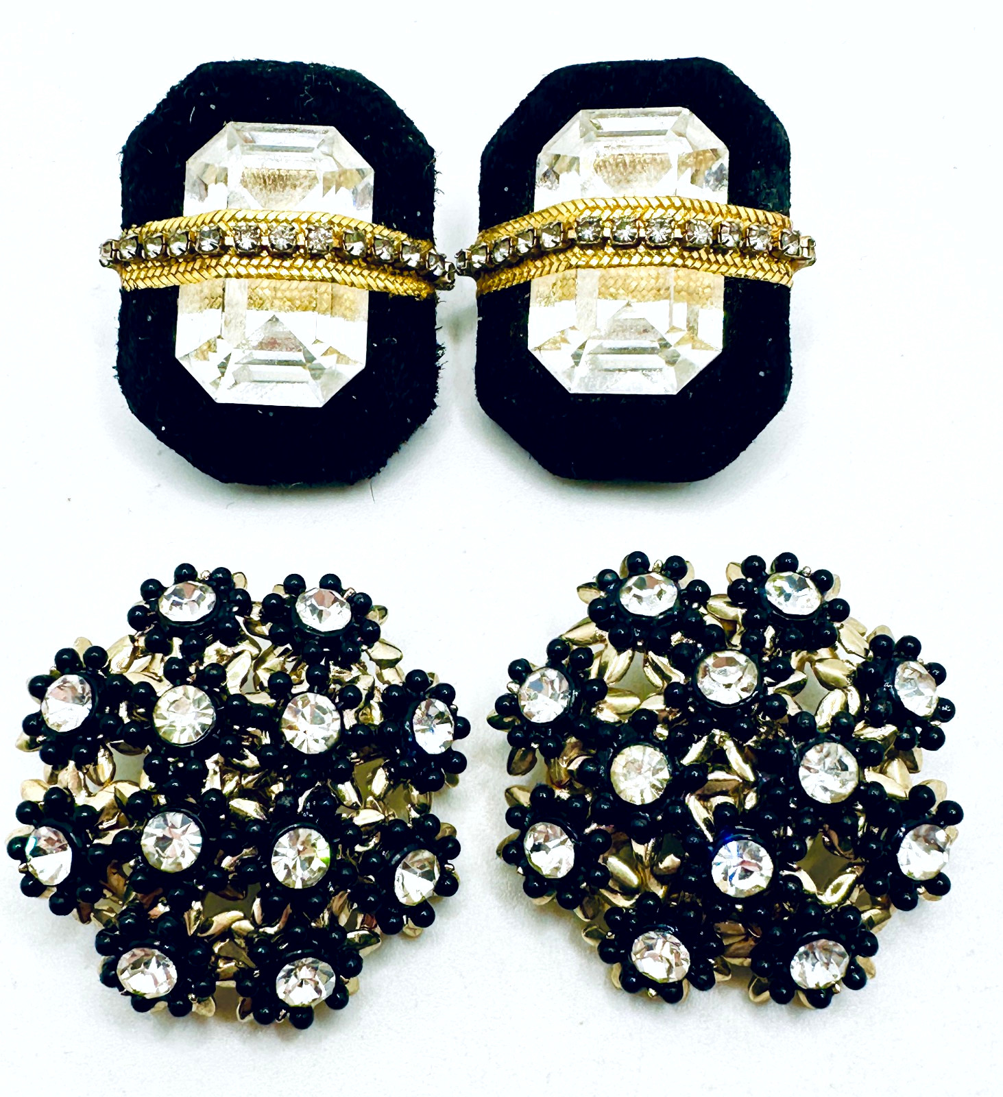 Lot 2 Vtg Chunky Black & Gold Tone Rhinestone Clip Earrings Swedged, Leather 80s