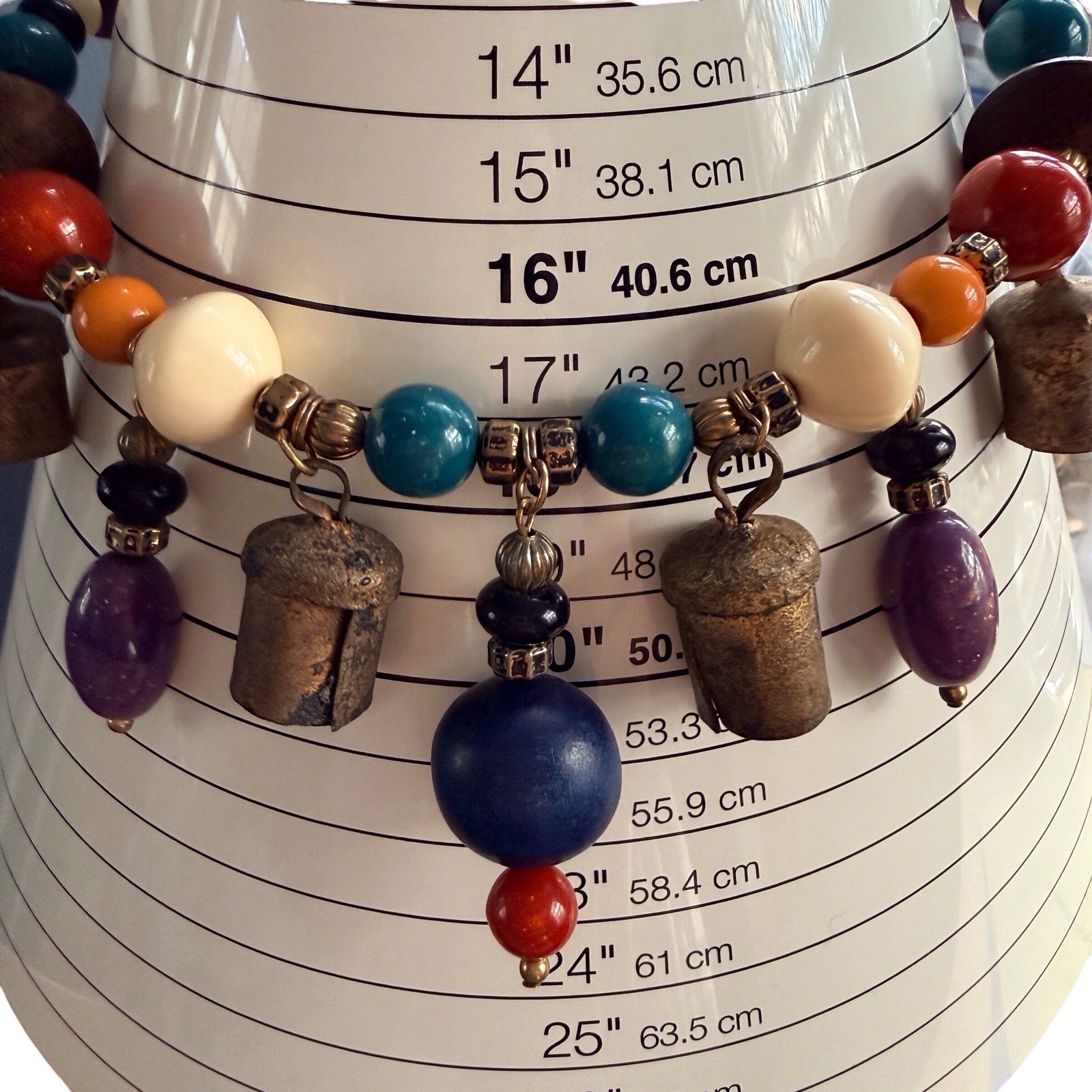 Vintage Carole Dauplaise Necklace BOHO Tibetan Prayer Bells Wood Ceramic Bead B3
