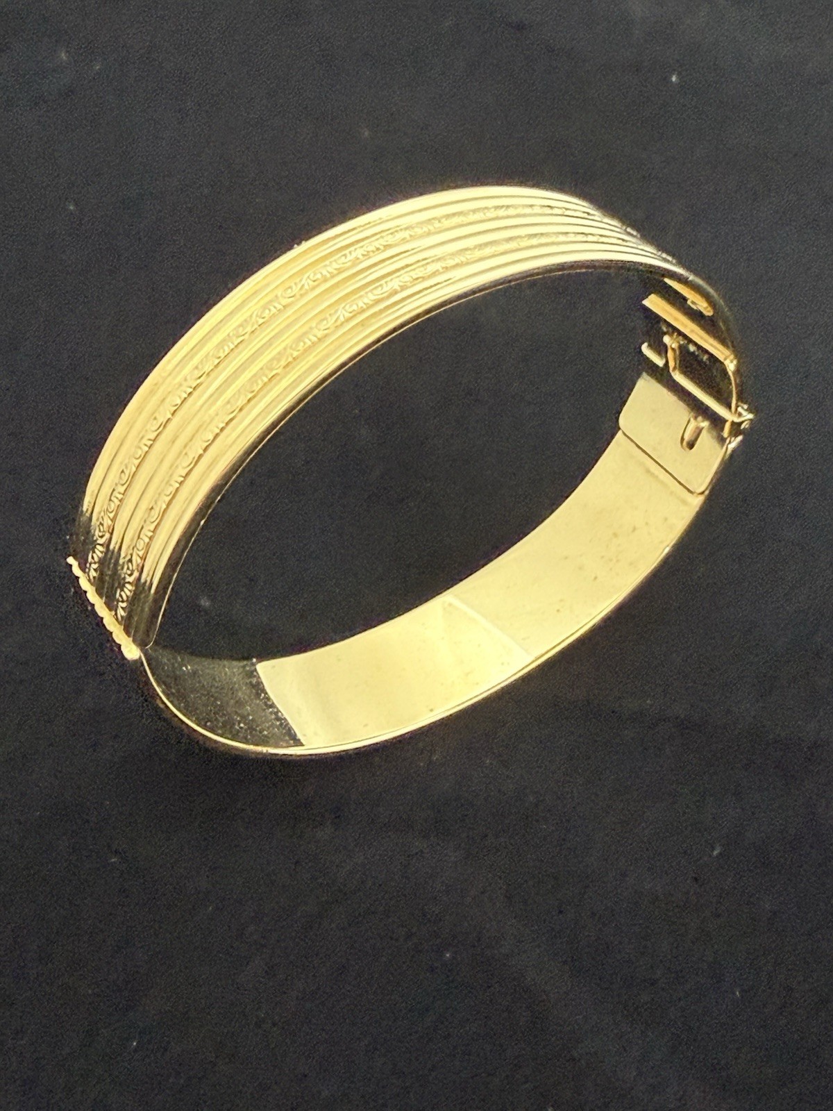 Vintage Monet M Gold Tone Bracelet Etch, And Ribbed With Hinge Opening