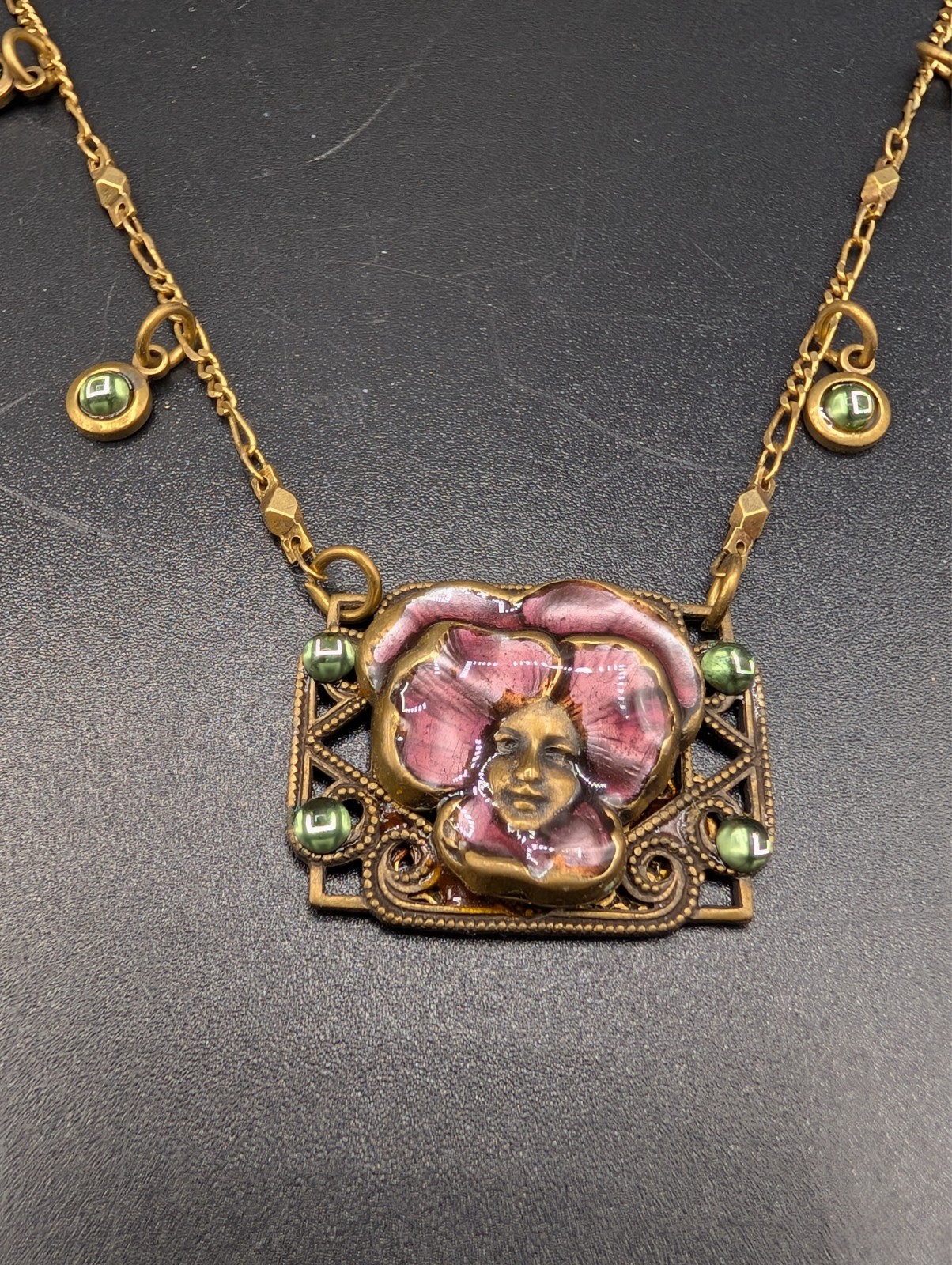 Vintage Glass Works Studio Art Nouveau Style Fairy Face Brass Finish Necklace