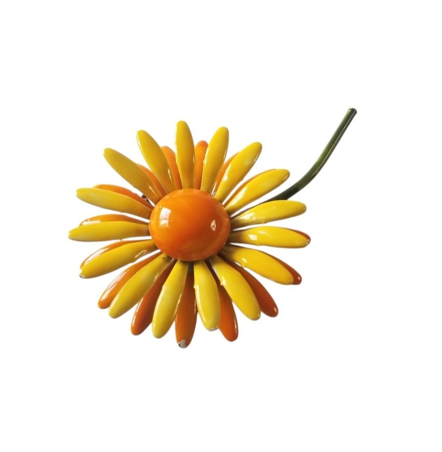 Vintage 1960’s Yellow And Orange Enamel Flower Power Brooch Daisy Mod Layered