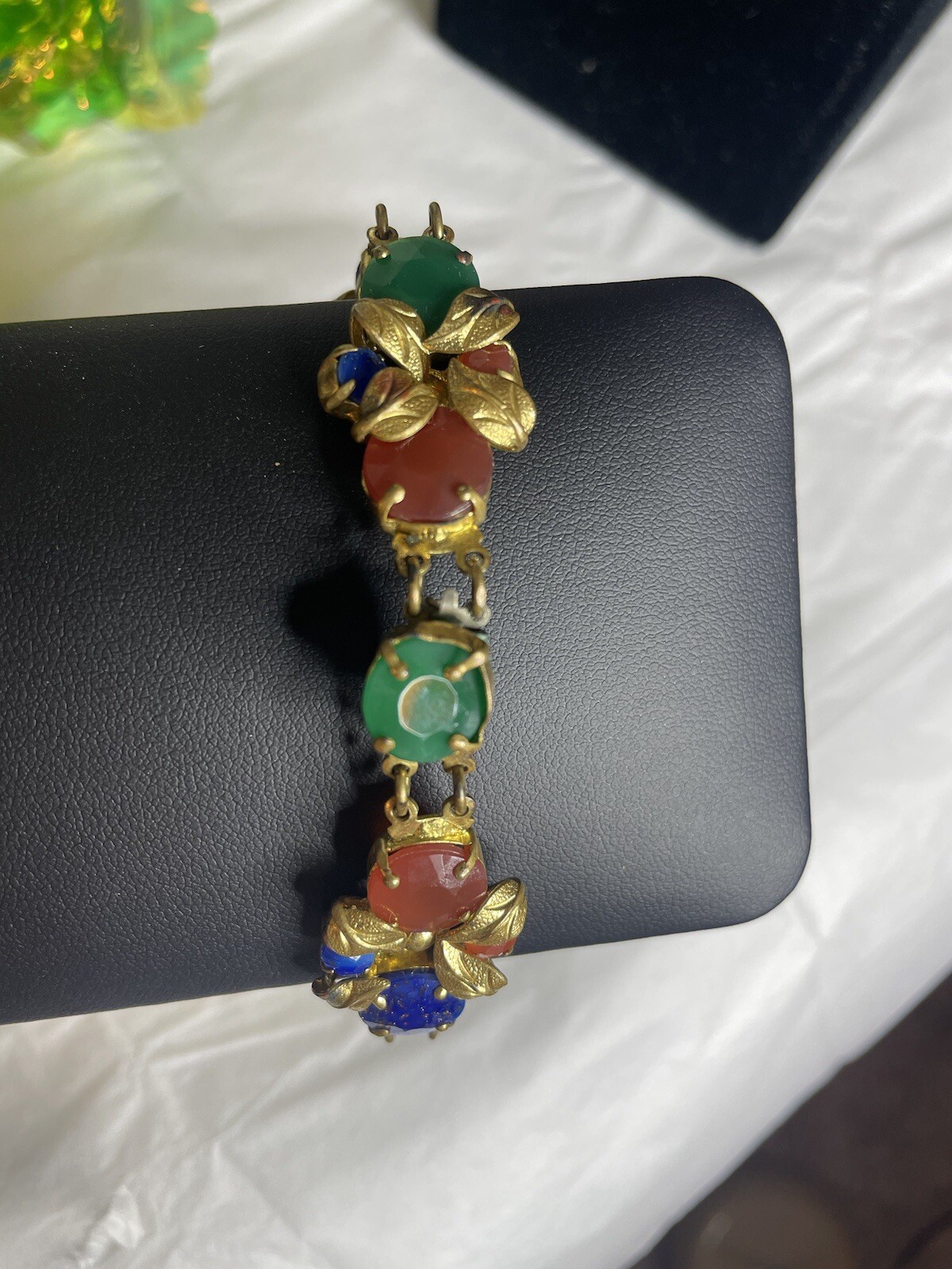 Vintage 1930’s Faceted Czech Glass- Gilt Metal Faux Gemstone SIGNED