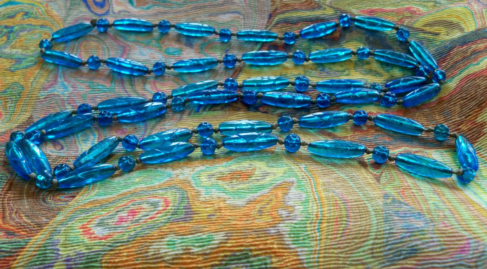 victorian vintage 20s DECO NECKLACE blue GLASS BEAD 50″ LONG egyptian revival