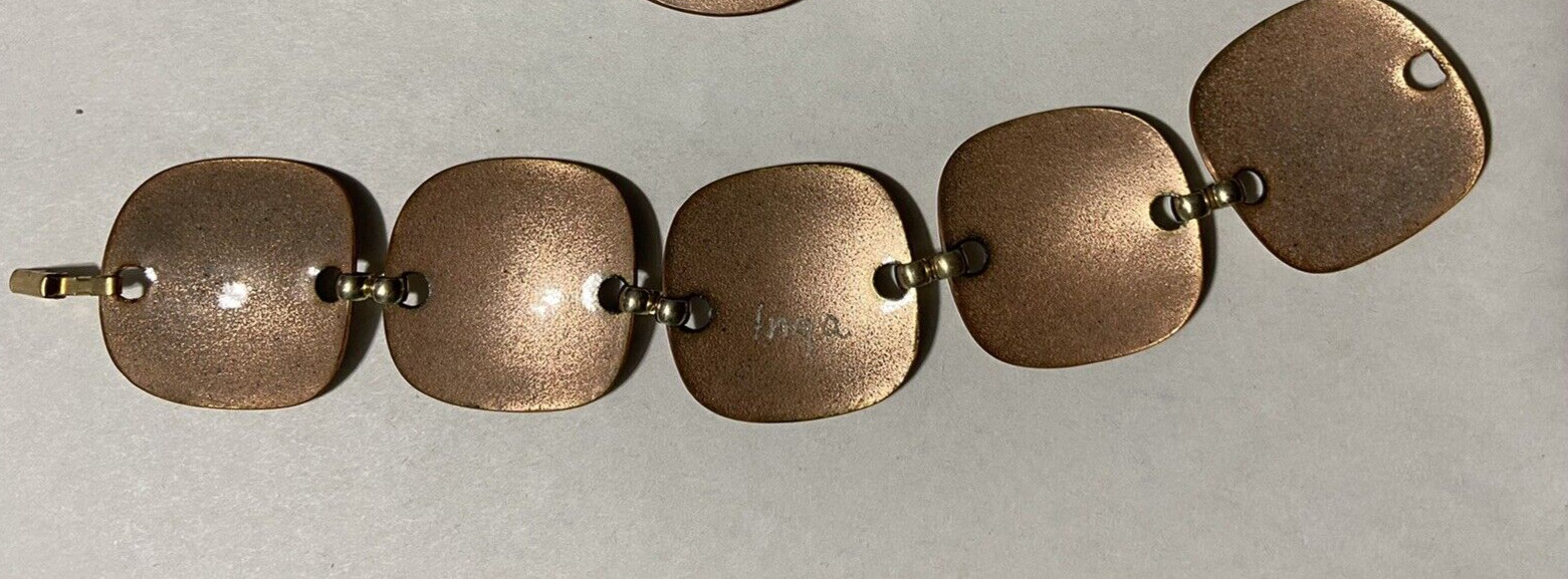 VINTAGE MCM- ENAMEL ON COPPER BRACELET- BROWN & WHITE- SIGNED INGA