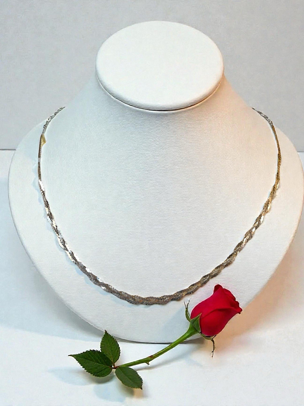 Vintage Italian 925 Sterling Silver Diamond-Flat Braided Chain Necklace, 16″