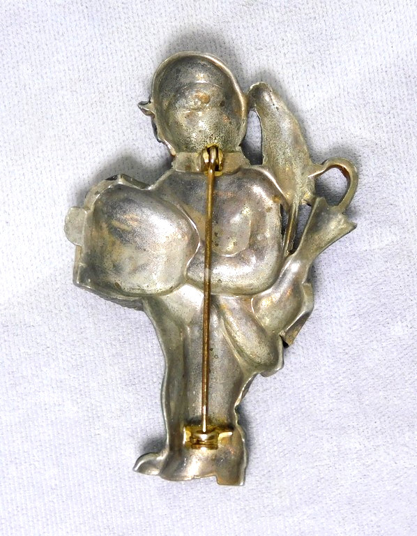 Vintage 1930’s Organ Grinder Enamel Pot Metal Rhinestone Brooch Parrot Umbrella