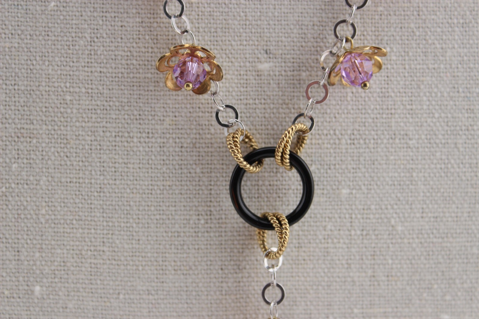 Sterling silver and gold over silver Y drop style necklace purple crystals 19″