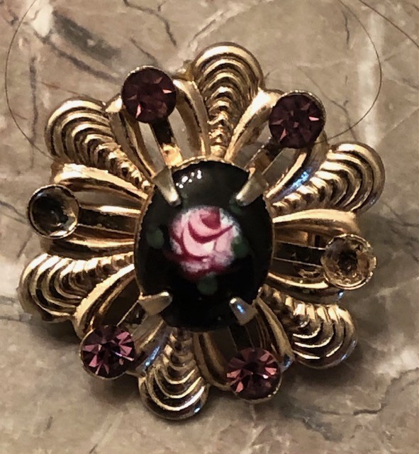 Vintage Gold Tone Filigree Hand Painted Pink Rose Black Enamel Floral Brooch Pin