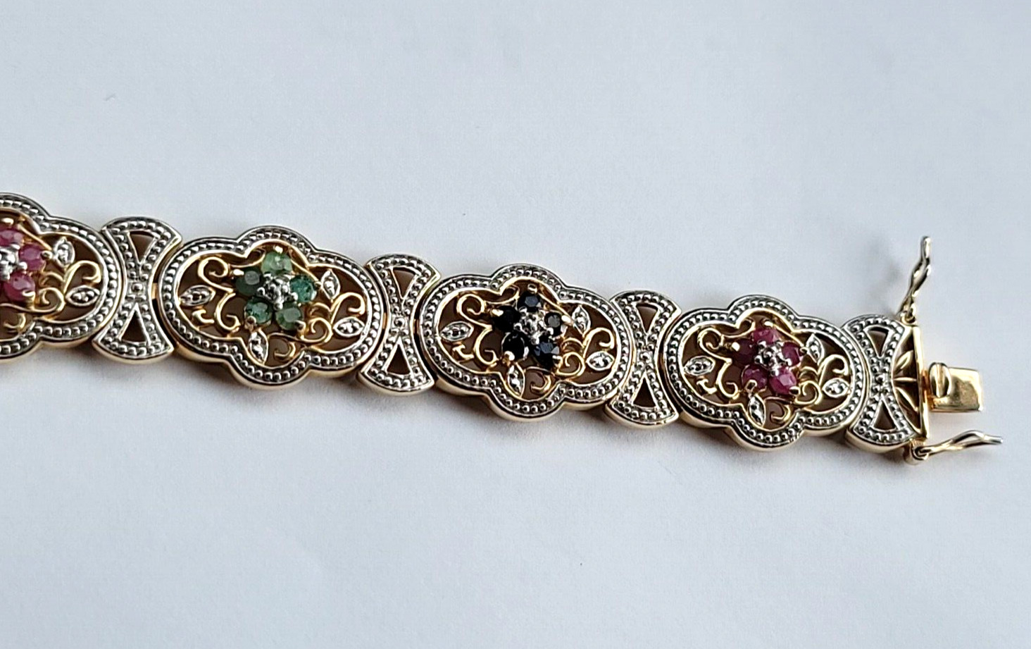 Sterling Ruby Sapphire Emerald Diamond Floral Link Bracelet 7 1/2″ 925 Gold Pltd