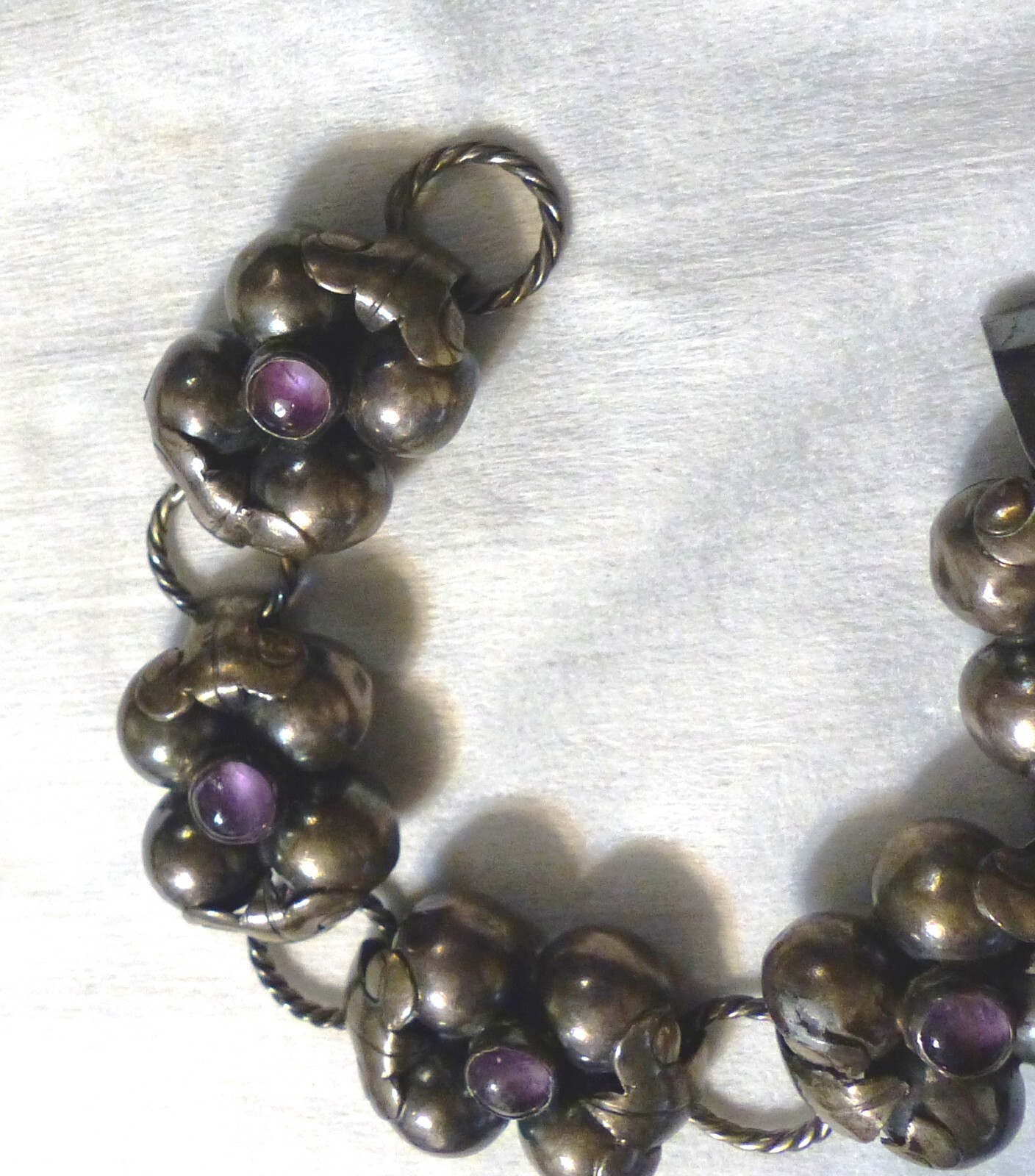 Mexican Silver Amethyst Bracelet With Slver Rope Links Vintage