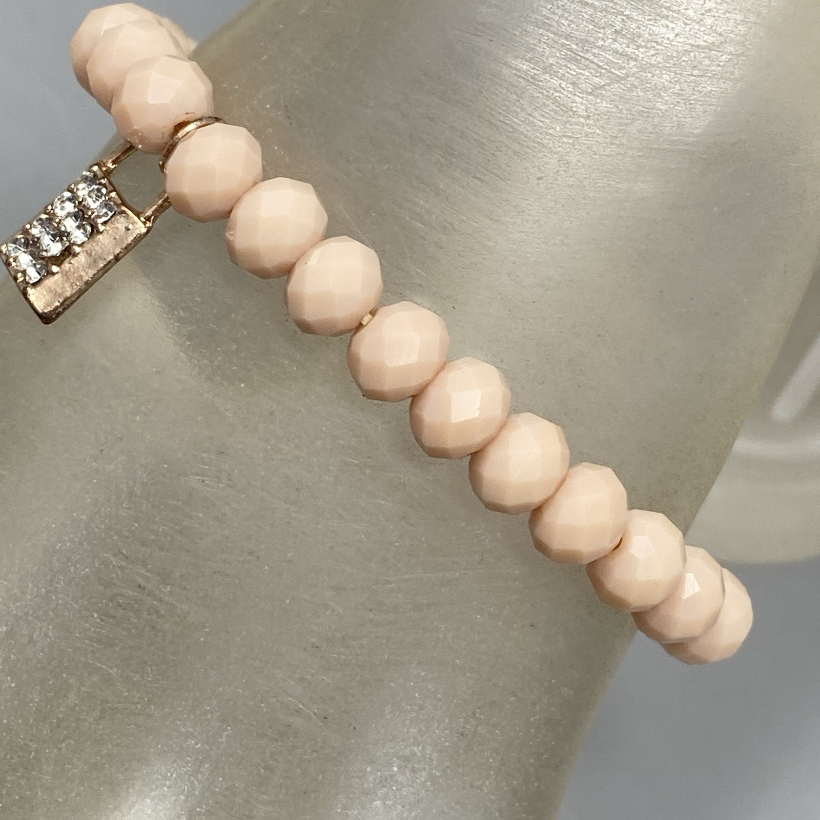 Glass Bead Charm Bracelet Stretch Peach Pink Faceted Padlock Charm Rhinestones 7