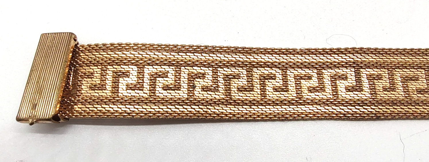 Art Deco Byzantine Greek Key Chain Tassel Gold Tone Mesh Slide Bracelet!