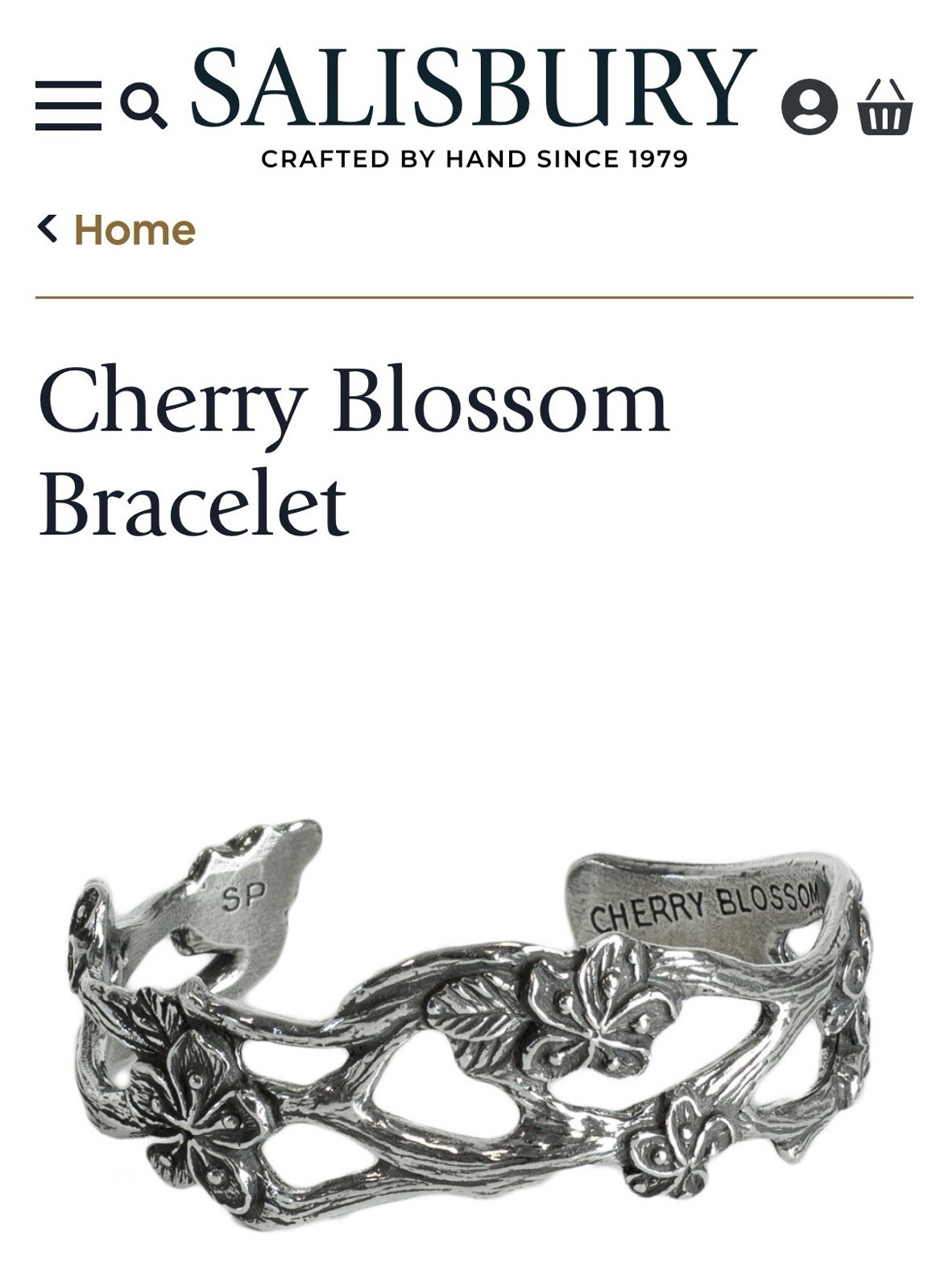 Salisbury Pewter Carved Cherry Blossom Relief Floral Adjustable Cuff Bracelet