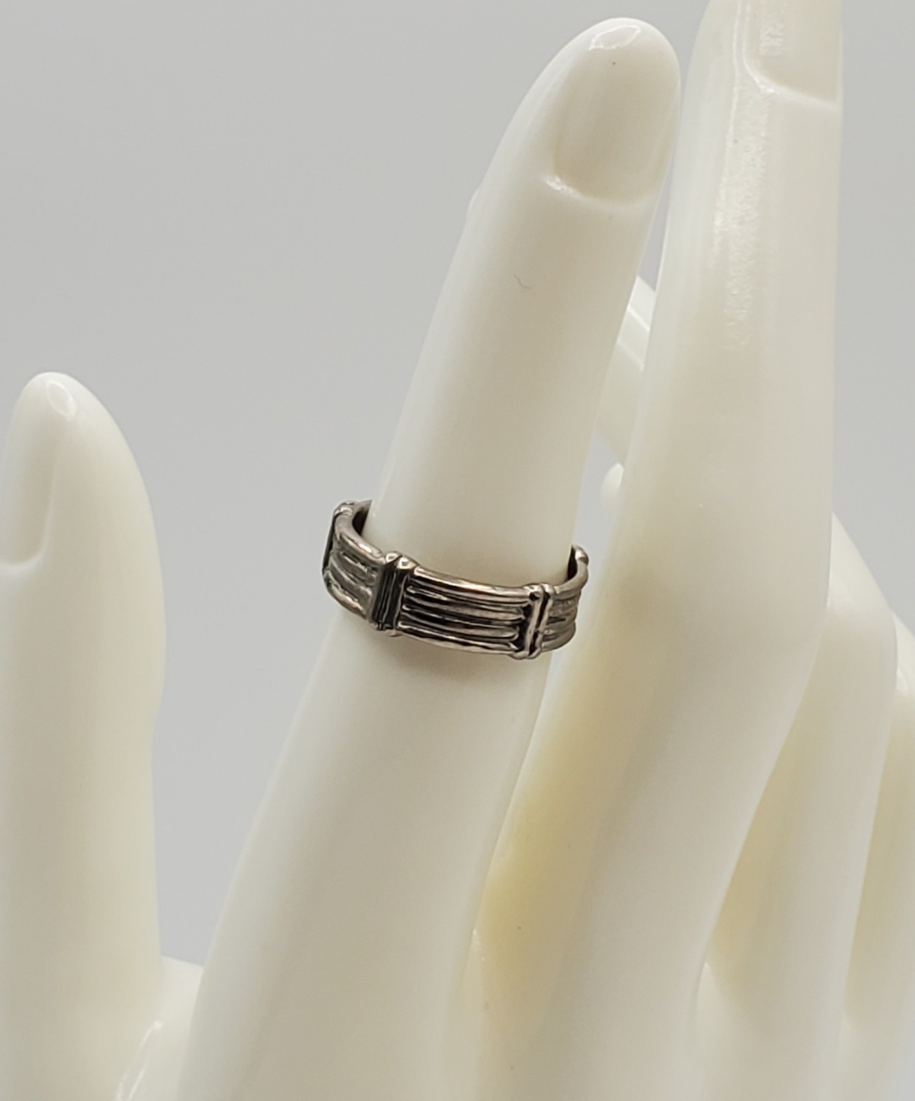 925 Ribbed Band Ring Sz 5.5 Sterling Silver 3g Unisex Bamboo Pinky Stacked Look