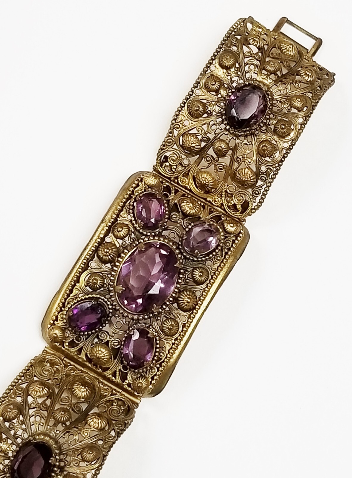 Georgian Style Czech Open Back Amethyst Cannetille Wire Work Panel Bracelet