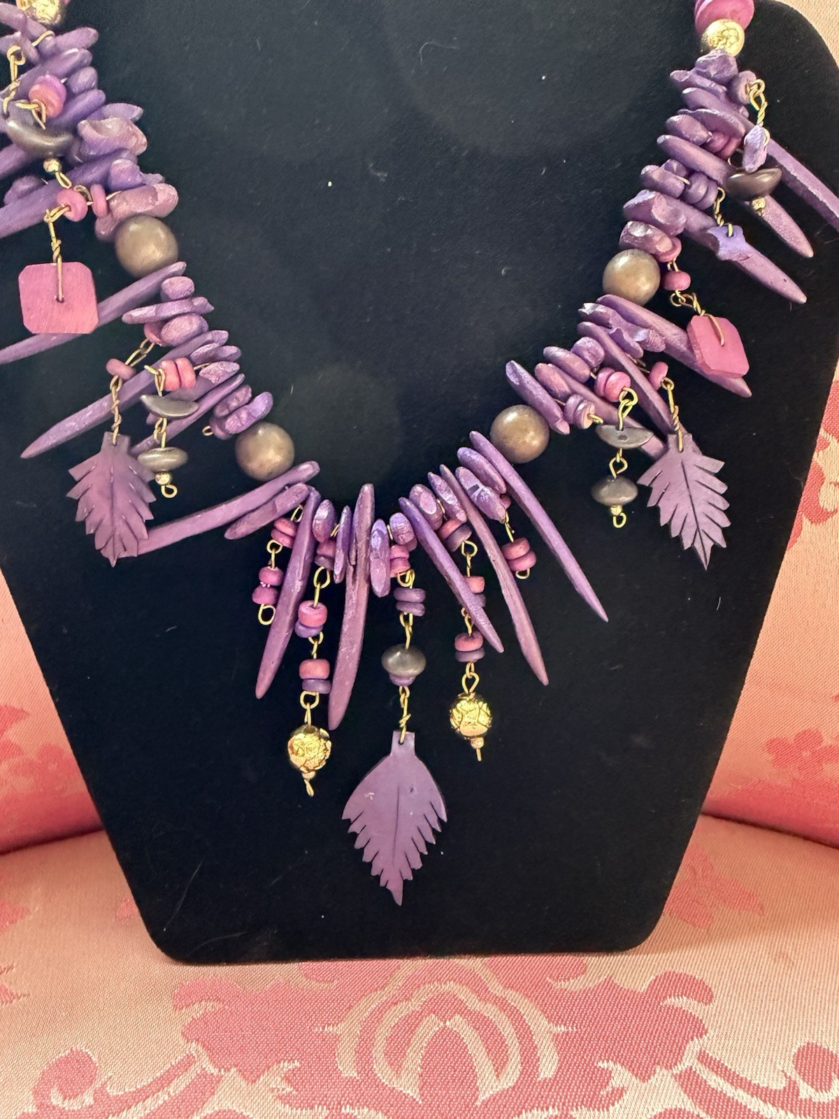 Vintage Funky Spike Purple Wood Leaf Beaded Necklace Tribal Festival Statement